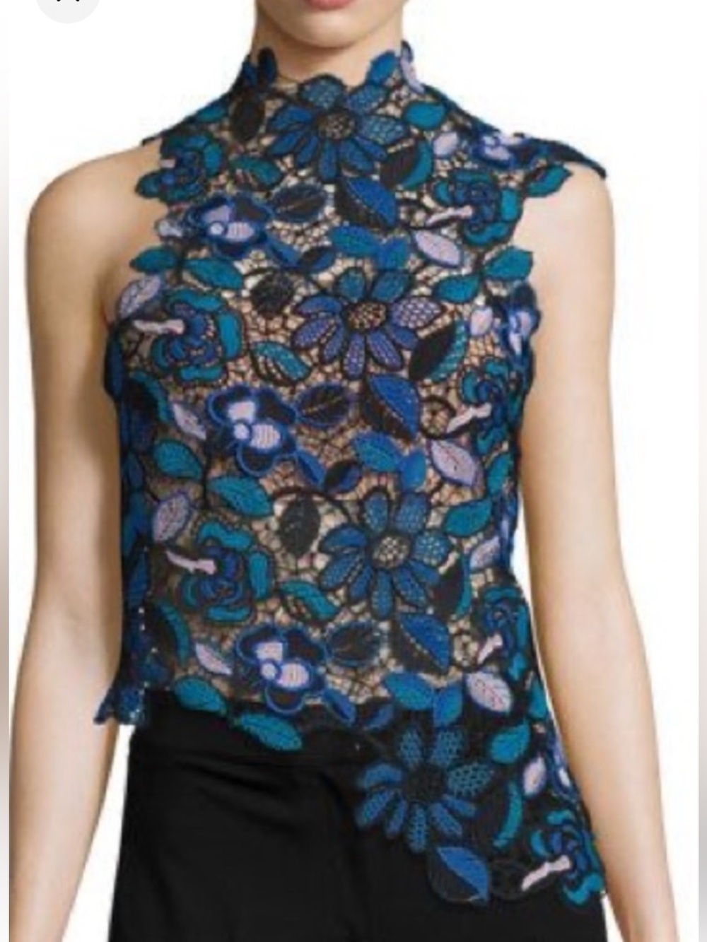 Floral Lace High-Neck Sleeveless Top in Blue new with tags